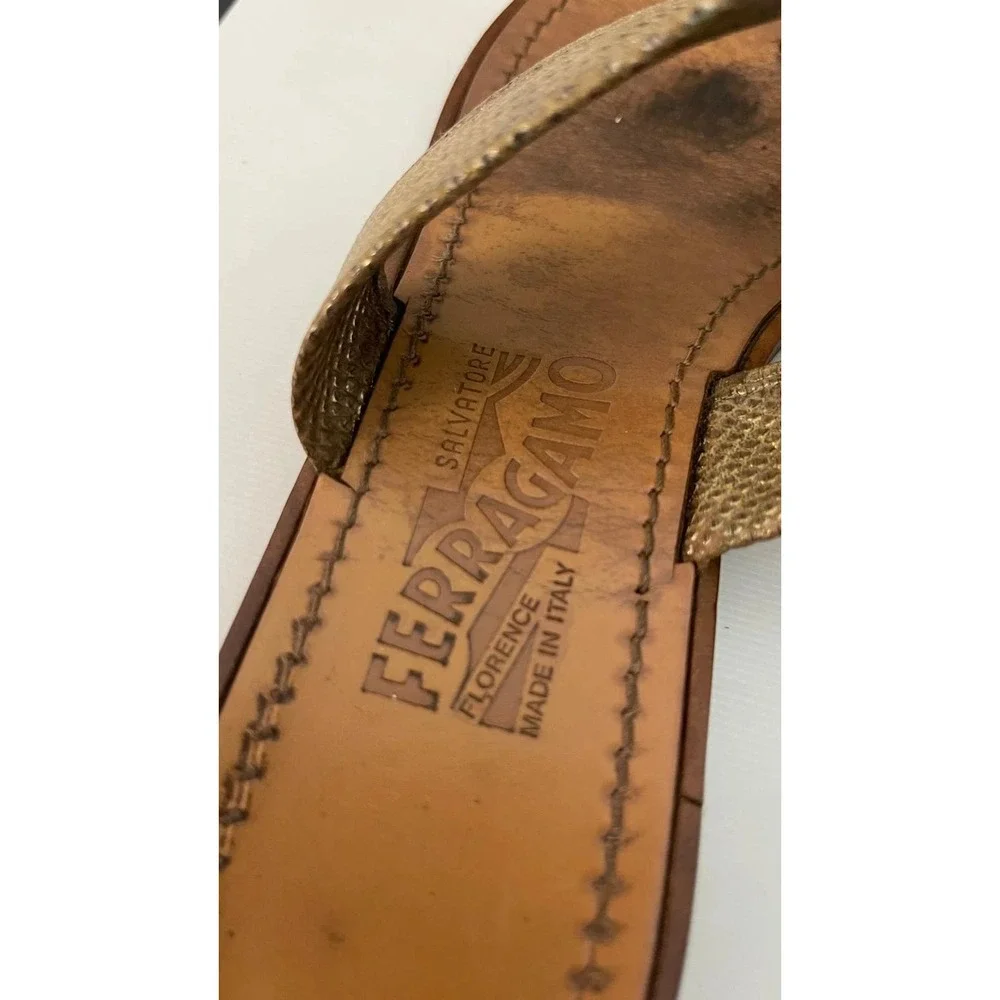 Salvatore Ferragamo Brown Tan Bronze Metallic Thong Sandals Slip On Women's 7 US